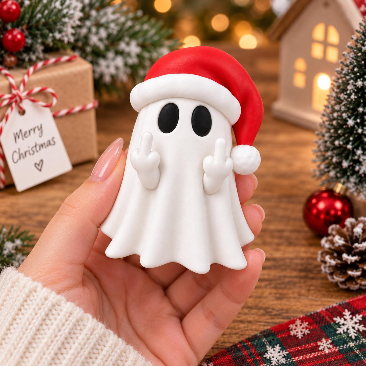 May include: A white ghost figurine wearing a red Santa hat with a white trim. The ghost has two black oval eyes and is holding up both middle fingers. The figure is smooth and matte in texture, featuring a draped, sheet-like body design.