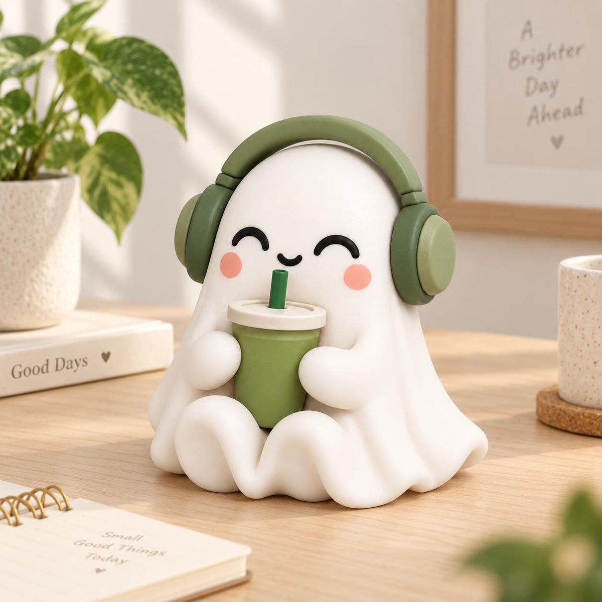 May include: A white ghost figurine with a smooth, rounded shape, wearing olive green over-ear headphones. The ghost has a smiling face with pink cheeks and is holding a small olive green cup with a straw, resembling a beverage container.