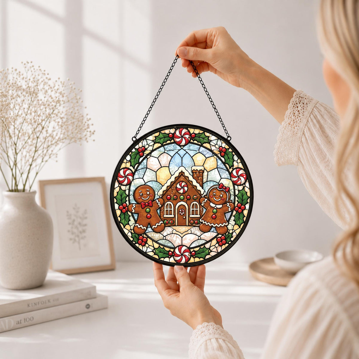 May include: A circular stained glass suncatcher featuring a gingerbread house in the center, flanked by two gingerbread figures. The design includes holly leaves, red berries, and peppermint candies, all framed by a black metal border and chain.