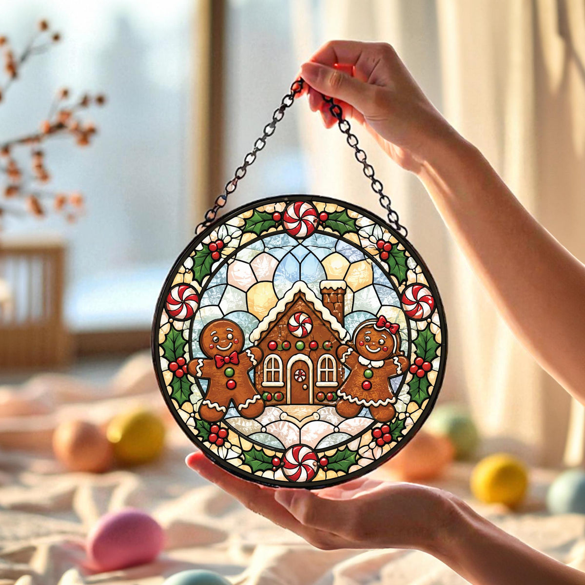 May include: A circular stained glass suncatcher featuring a gingerbread house in the center flanked by two gingerbread figures. The design includes peppermint candies, green holly leaves, and red berries, all framed by a black metal border with a chain.