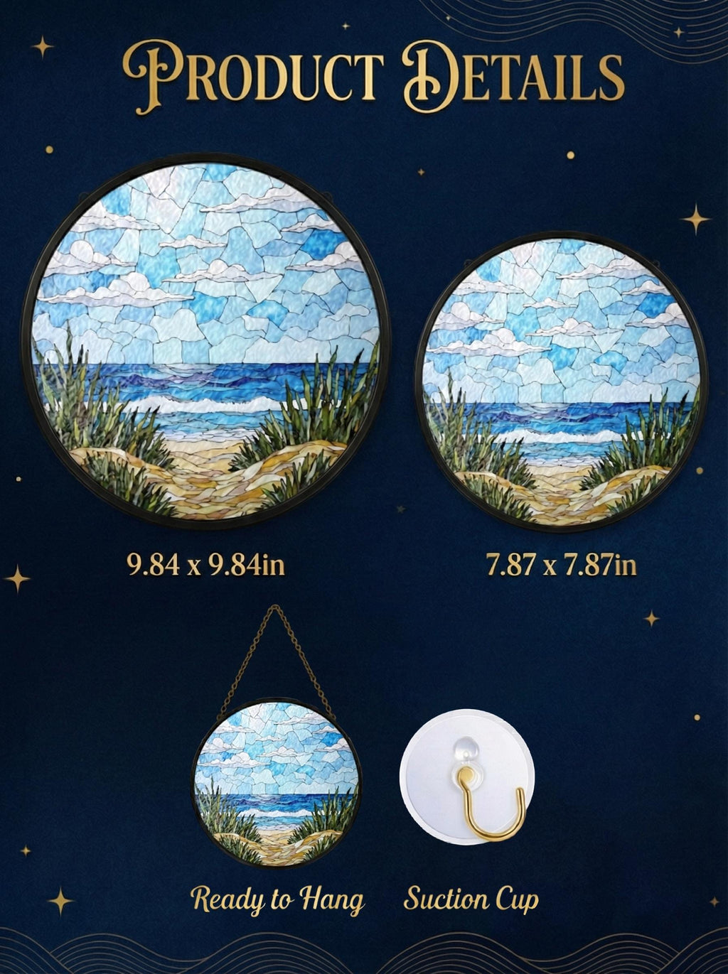 May include: Two circular stained glass-style wall art pieces featuring a beach scene with blue sky, clouds, ocean waves, and green dune grass. The larger piece measures 9.84 x 9.84 inches, the smaller 7.87 x 7.87 inches, with a hanging chain and suction cup.