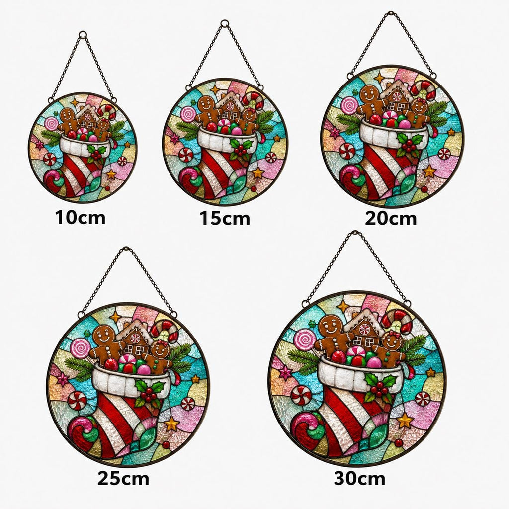 May include: Five circular stained glass suncatchers featuring a Christmas stocking filled with gingerbread cookies, candy canes, and a gingerbread house. Each piece hangs from a black chain and is labeled with sizes 10cm, 15cm, 20cm, 25cm, and 30cm.