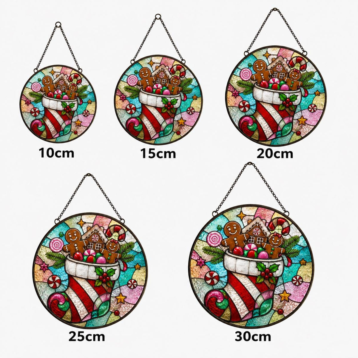 May include: Five circular stained glass suncatchers featuring a Christmas stocking filled with gingerbread cookies, candy canes, and a gingerbread house. Each piece hangs from a black chain and is labeled with sizes 10cm, 15cm, 20cm, 25cm, and 30cm.