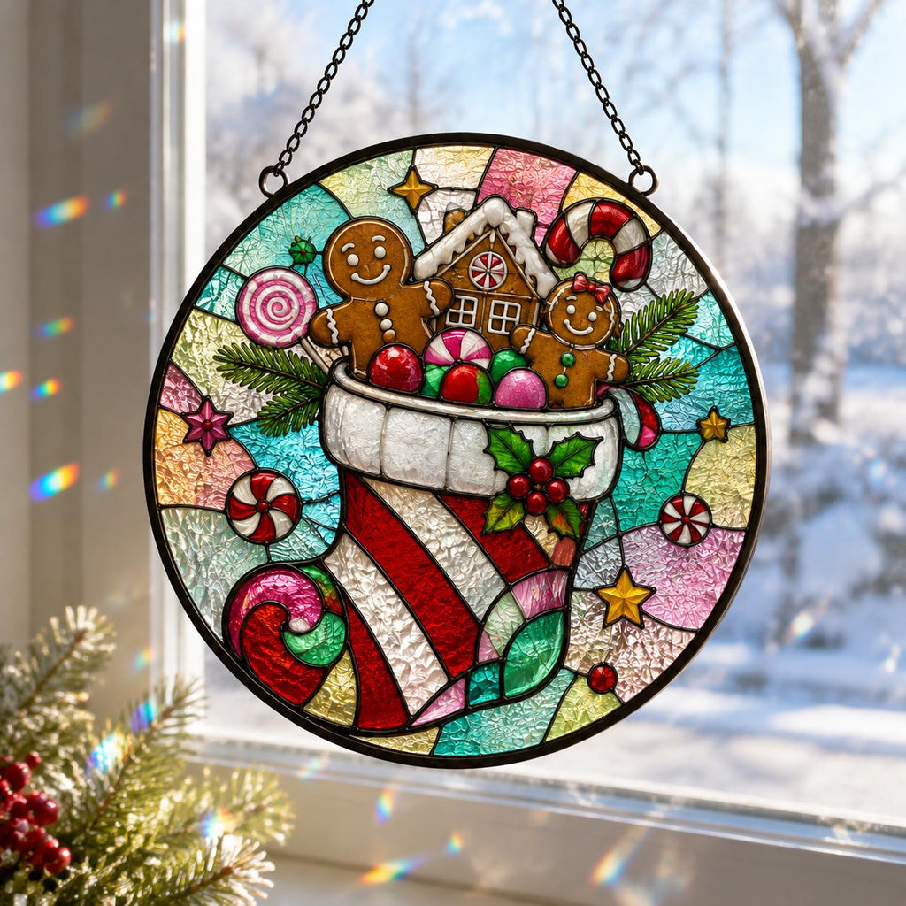 May include: A circular stained glass suncatcher featuring a Christmas stocking filled with gingerbread figures, a small house, and candy canes. The design includes red, green, and white glass segments with holly accents, suspended by a black metal chain.