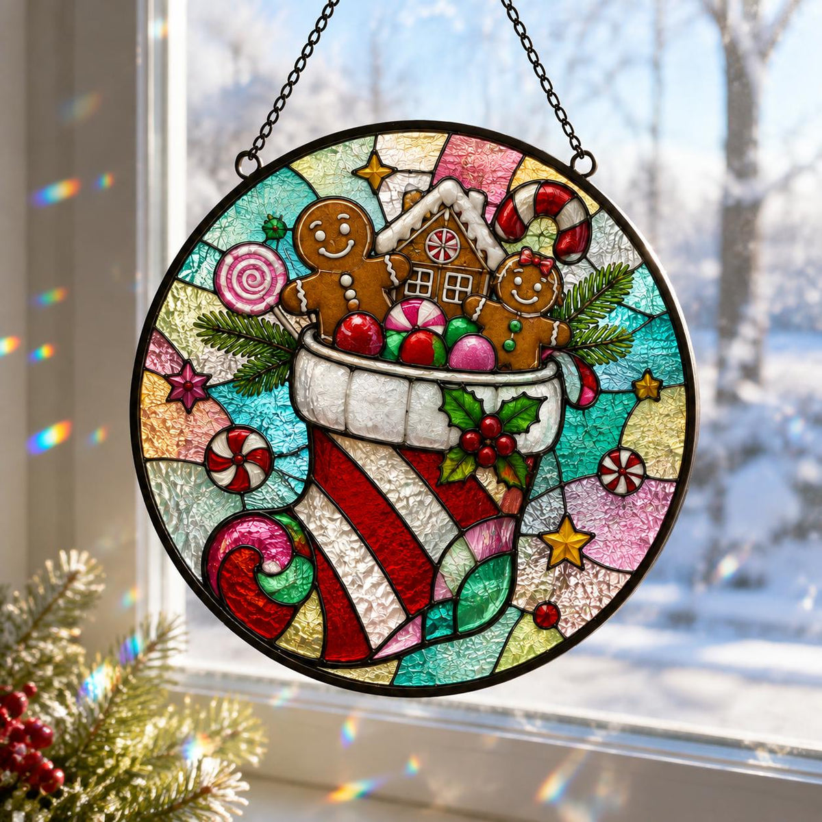 May include: A circular stained glass suncatcher featuring a Christmas stocking filled with gingerbread figures, a small house, and candy canes. The design includes red, green, and white glass segments with holly accents, suspended by a black metal chain.