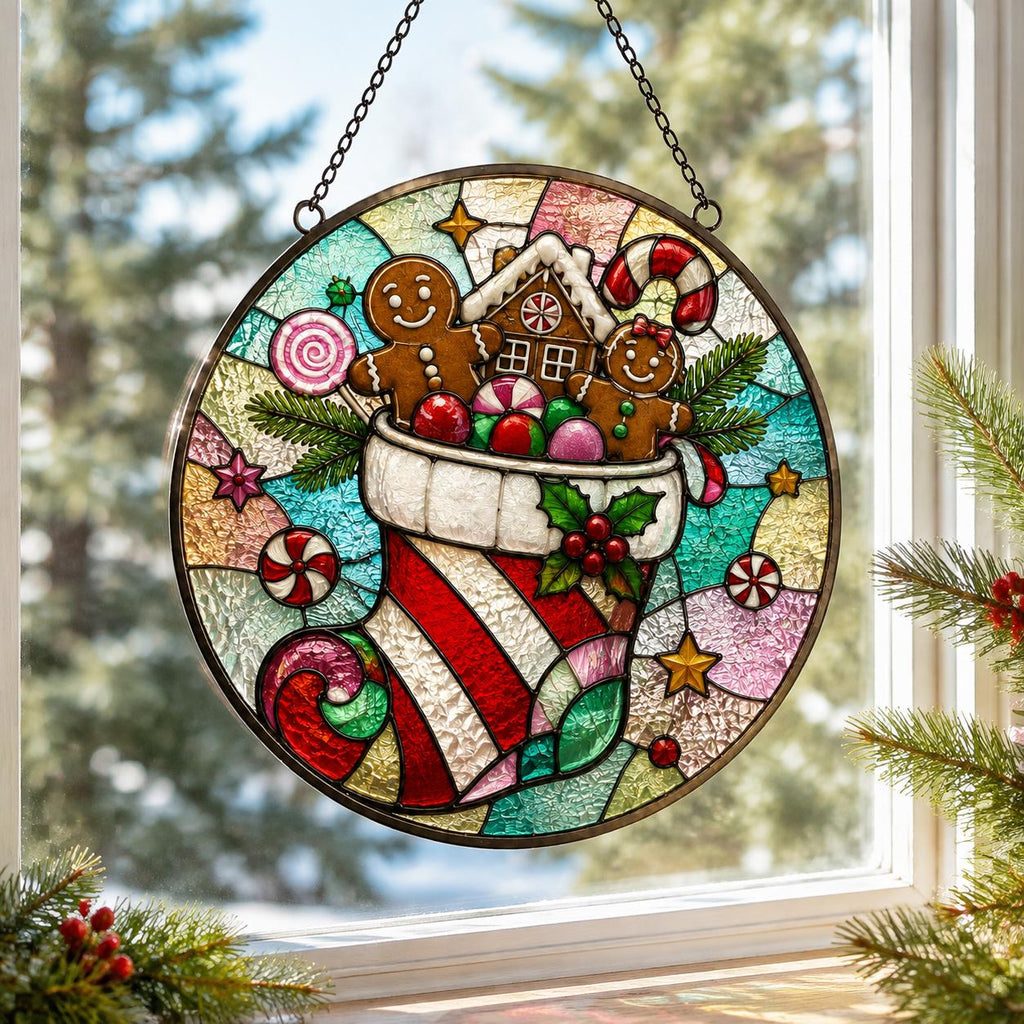 May include: A circular stained glass suncatcher featuring a Christmas stocking filled with two gingerbread figures, a gingerbread house, and a candy cane. The design includes colorful peppermint candies, holly leaves, and stars against a textured background.