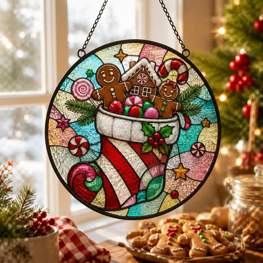 May include: A circular stained glass suncatcher featuring a Christmas stocking filled with two gingerbread cookies, a gingerbread house, and a candy cane. The design includes colorful peppermint candies, holly leaves, and stars, all framed in black metal.