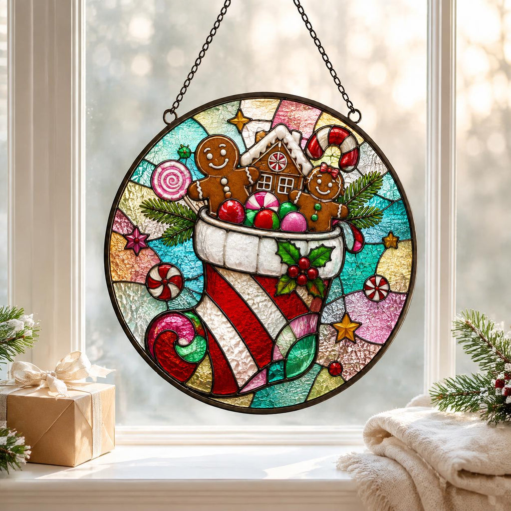 May include: A circular stained glass suncatcher featuring a Christmas stocking filled with gingerbread people, a gingerbread house, and candy canes. The design includes red, green, and white colors with holly accents, all suspended by a black metal chain.