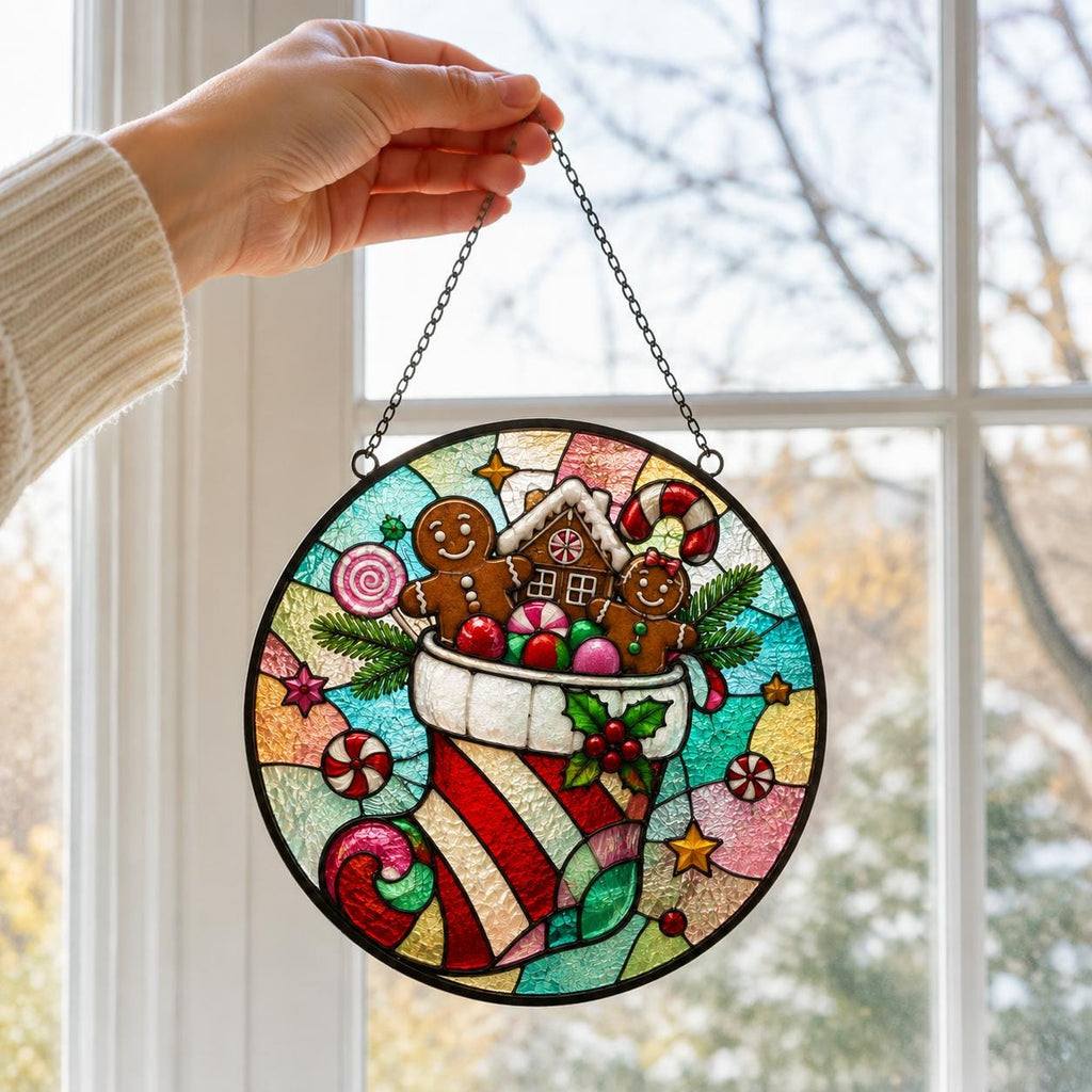 May include: A circular stained glass suncatcher featuring a Christmas stocking filled with gingerbread figures, a gingerbread house, candy canes, and lollipops. The design includes red, green, and white colors with a black metal frame and chain.