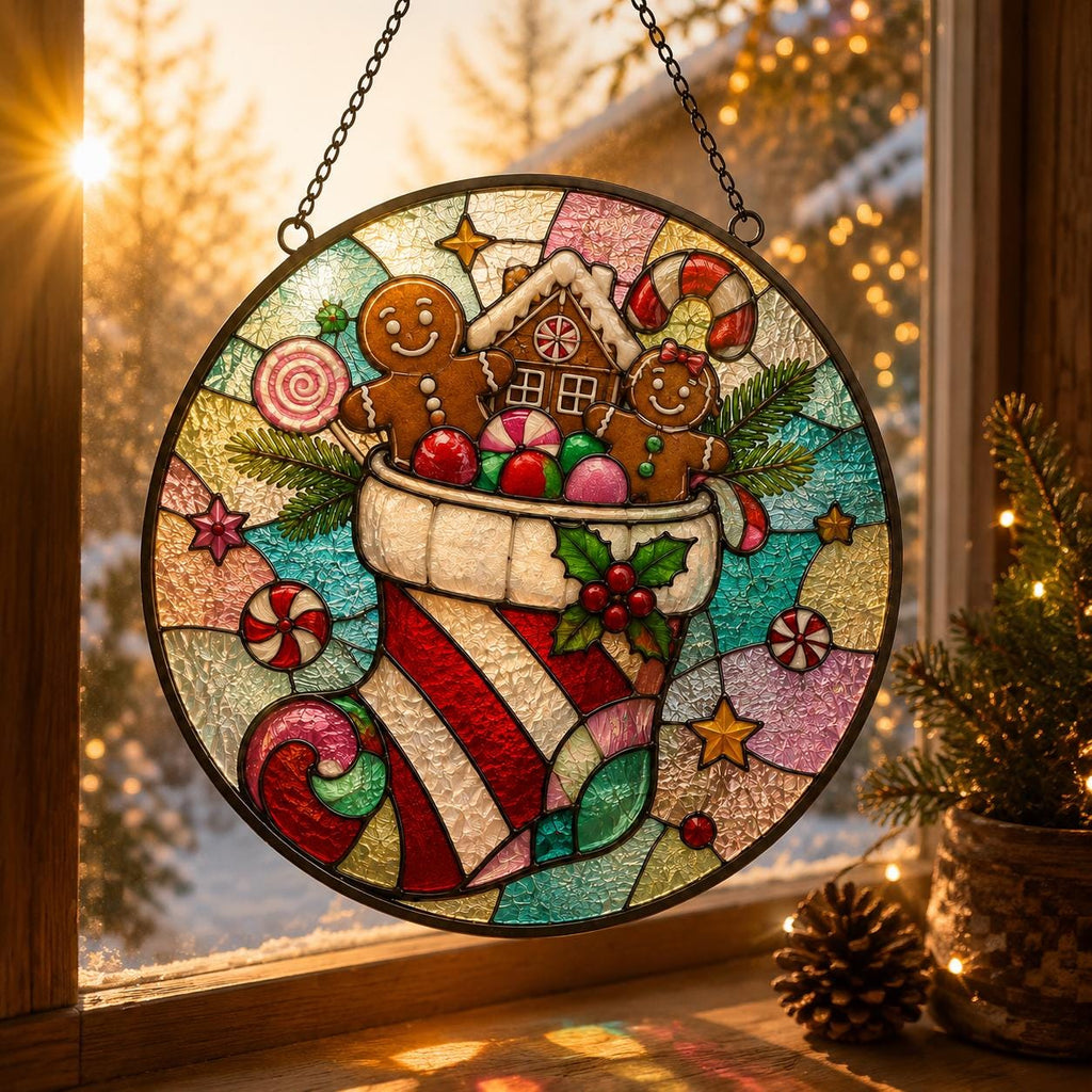 May include: A circular stained glass suncatcher featuring a Christmas stocking filled with two gingerbread figures, a gingerbread house, and a candy cane. The design includes holly leaves, red berries, and peppermint candies against a colorful background.