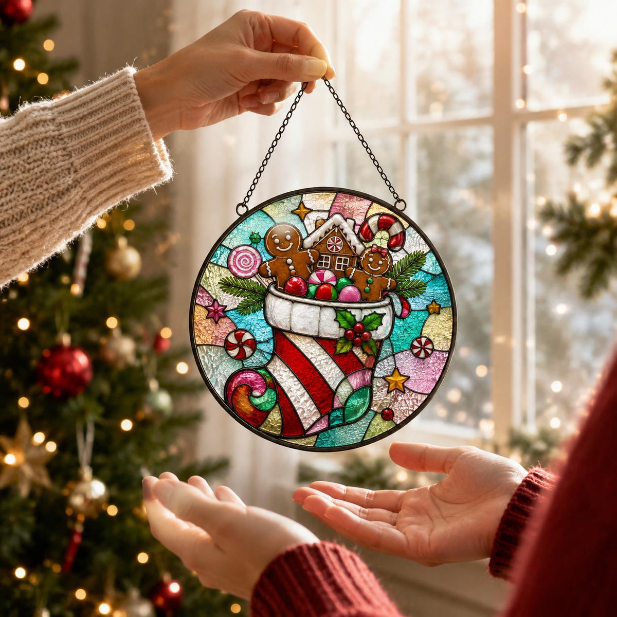 May include: A circular stained glass suncatcher featuring a Christmas stocking filled with gingerbread figures, a small house, and candy. The design includes red, white, green, and blue glass segments with a black metal frame and a hanging chain.
