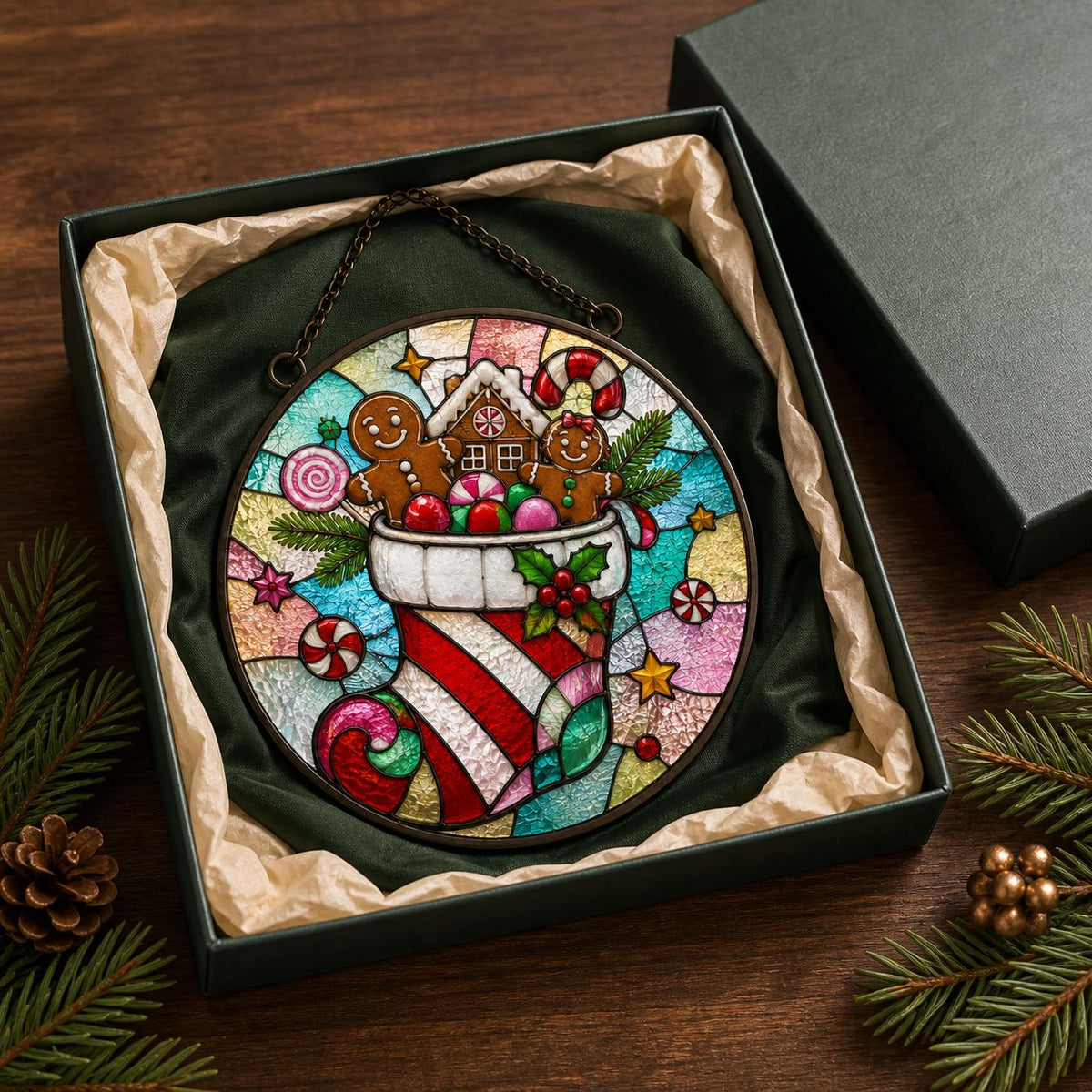 May include: A circular stained glass ornament featuring a Christmas stocking filled with gingerbread figures, a gingerbread house, and candy canes. The design includes red, white, green, and pink colors with a dark metal chain for hanging.
