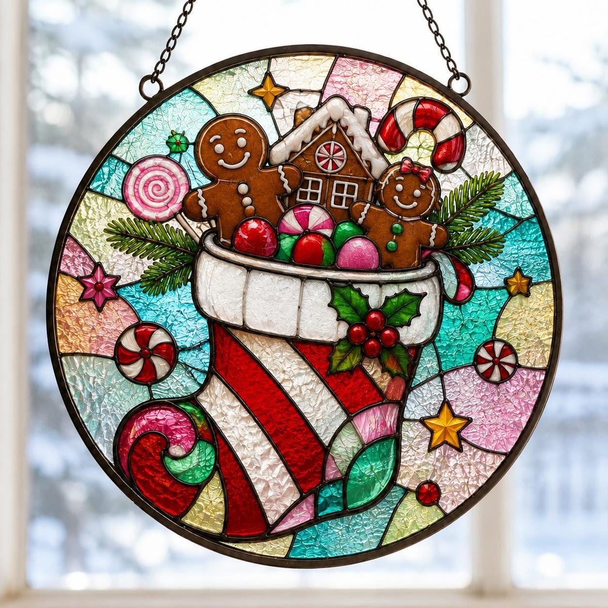 May include: A circular stained glass suncatcher featuring a Christmas stocking filled with gingerbread figures, a small house, and candy. The design includes red and white stripes, holly leaves, and colorful stars against a textured glass background.