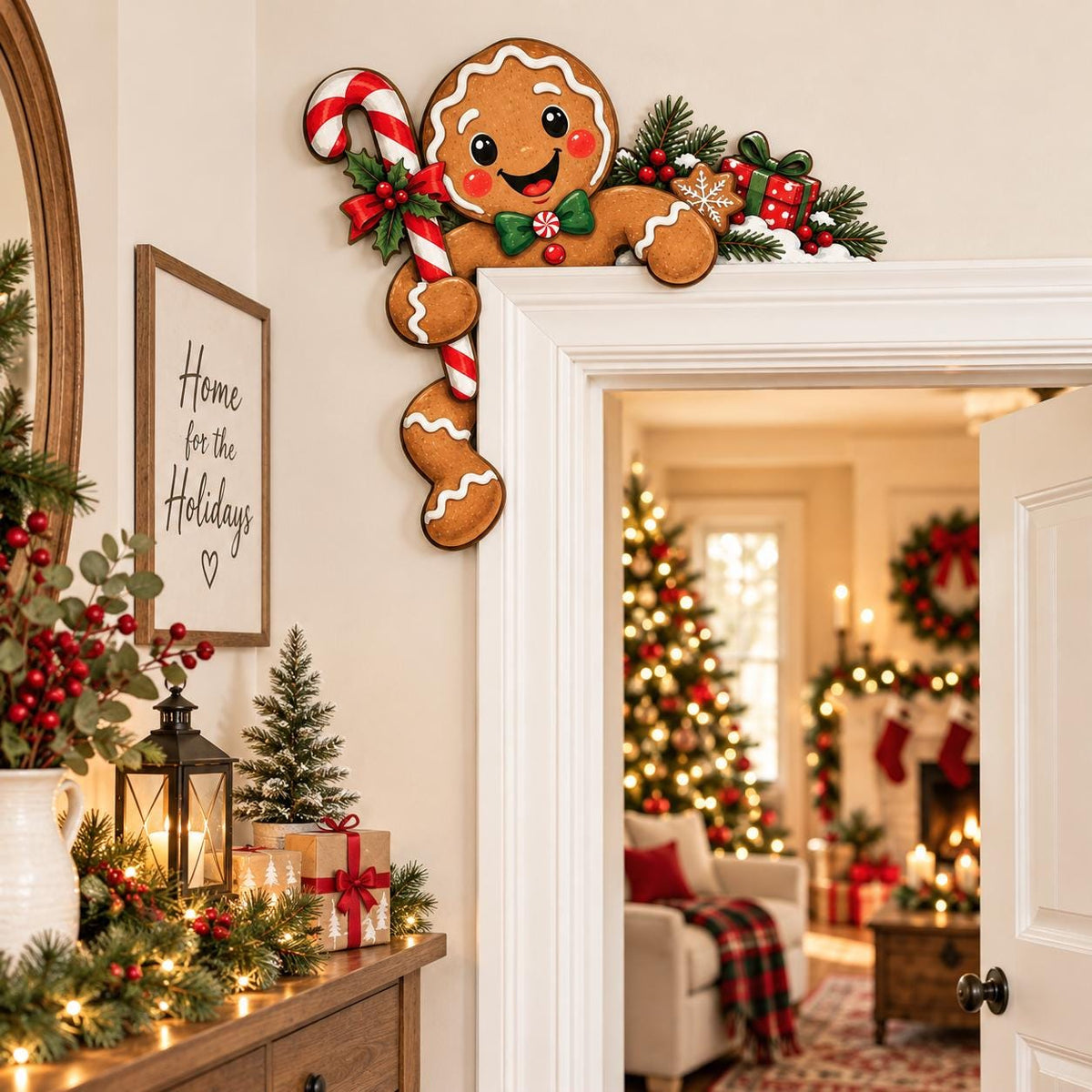 May include: A decorative gingerbread person door corner sign featuring a smiling face, a green bowtie, and a red and white candy cane. The design includes pine branches, red berries, and a small gift box, crafted to fit onto the corner of a door frame.
