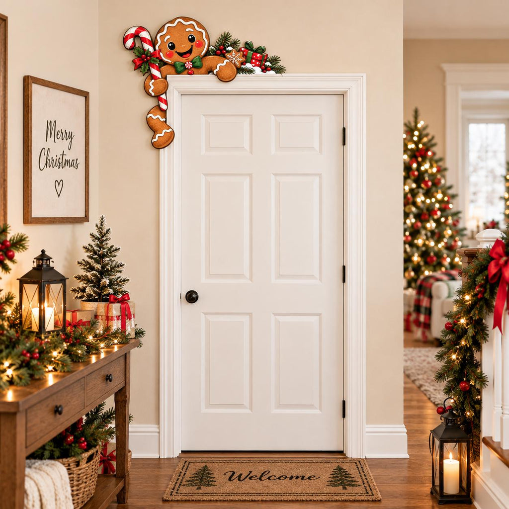 May include: A decorative gingerbread person door corner sign featuring a smiling face, a green bow tie, and a red and white candy cane. The cutout is positioned on the upper left corner of a white door frame, accented with pine branches and gifts.