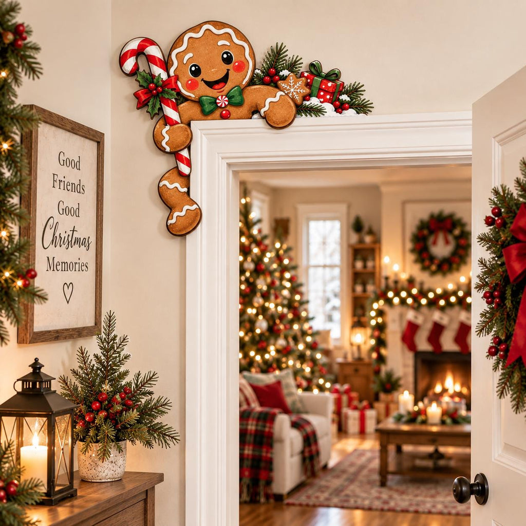 May include: A decorative wooden gingerbread person door corner sign featuring a smiling face, a red and white candy cane, a green bow tie, and a small gift box. The gingerbread figure is brown with white icing details and holly accents.