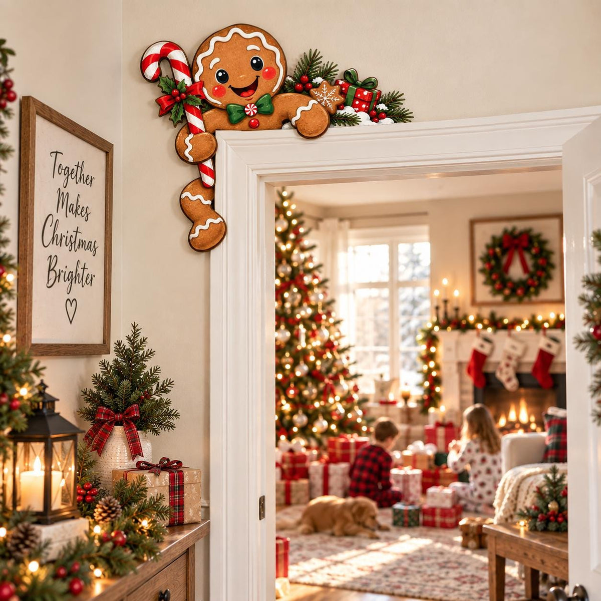 May include: A decorative gingerbread person door corner sign featuring a smiling face, a green bow tie, and a red and white candy cane. The gingerbread figure is accented with green pine branches, red berries, and a small gift box with a red bow.