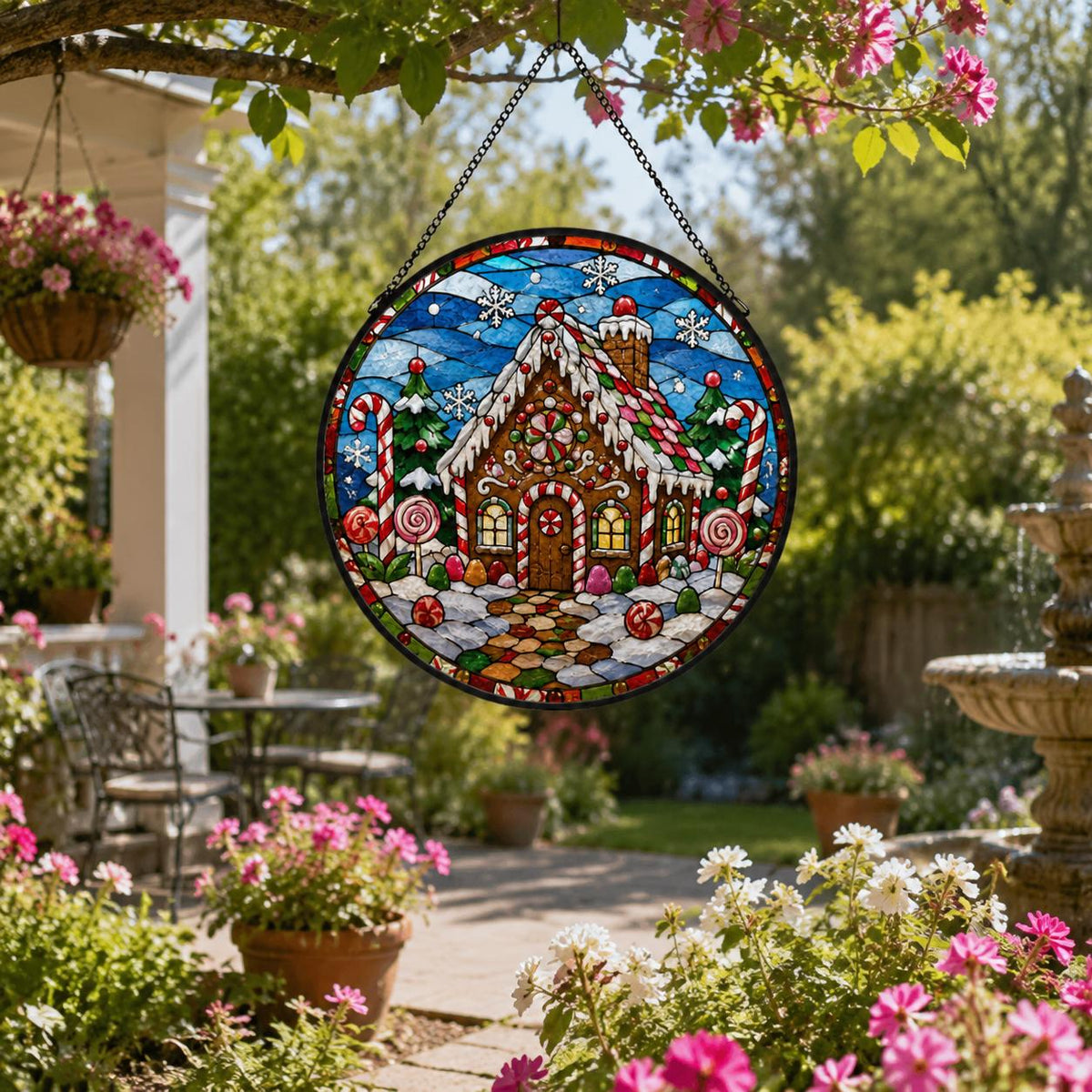 Colorful gingerbread house stained glass suncatcher hanging near a garden window surrounded by flowers and natural greenery.