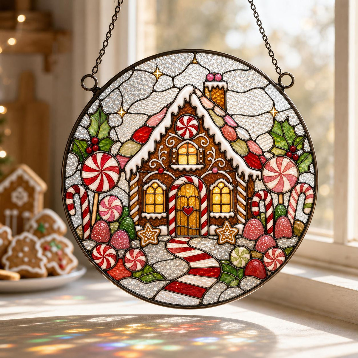 May include: A circular stained glass suncatcher featuring a gingerbread house scene with a candy cane path, peppermint swirls, and holly leaves. The house has illuminated windows and a snow-covered roof, all framed in dark metal with a hanging chain.