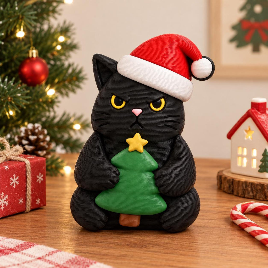 May include: A black cat figurine with a textured surface, wearing a red and white Santa hat. The cat has yellow eyes, a pink nose, and is holding a green Christmas tree with a yellow star on top. The figure has a grumpy facial expression.