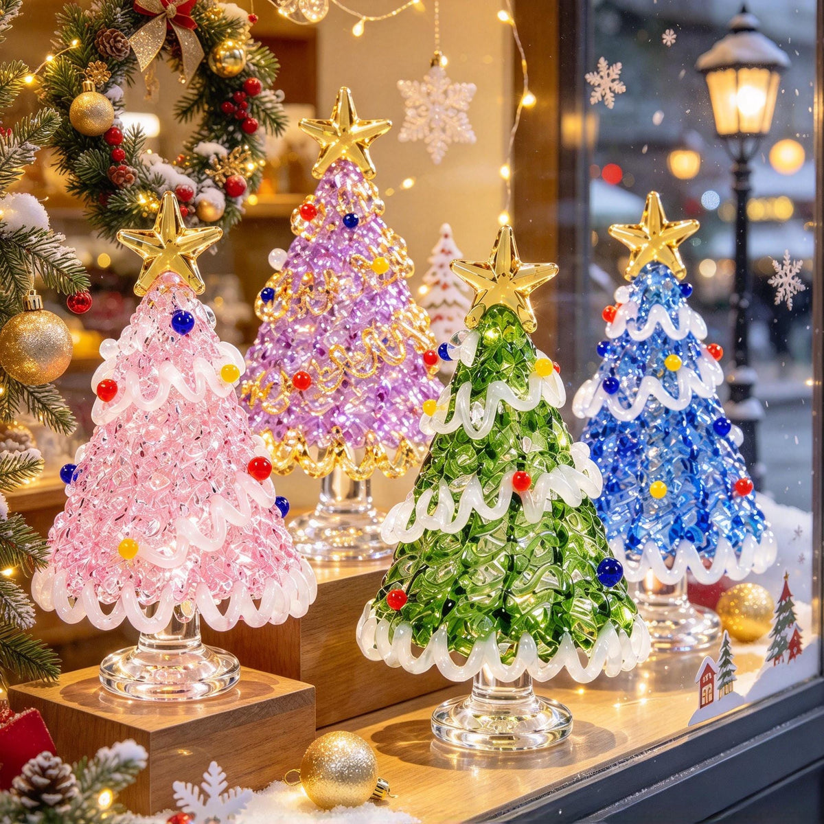 May include: Four glass Christmas tree figurines in pink, purple, green, and blue, each topped with a gold star. The trees feature a textured, translucent surface wrapped in white glass ribbons and accented with small, colorful glass spheres.