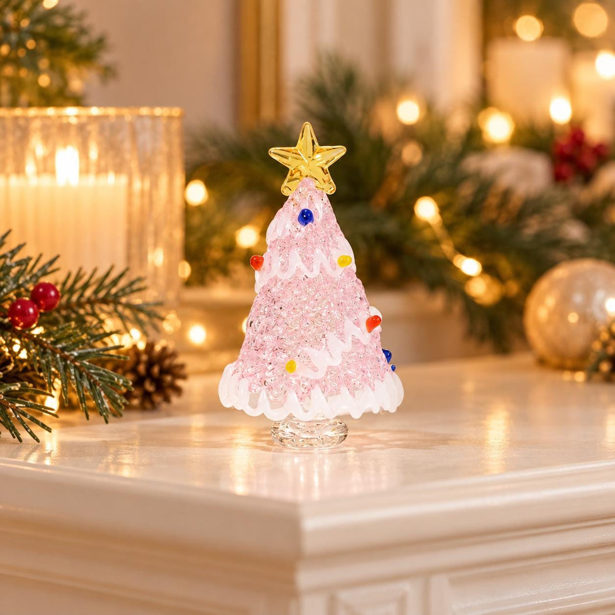 May include: A conical glass Christmas tree ornament in a light pink hue with a textured, crystalline surface. It features white glass garland swirls, small multi-colored glass bead accents, and a clear glass base, topped with a gold star.