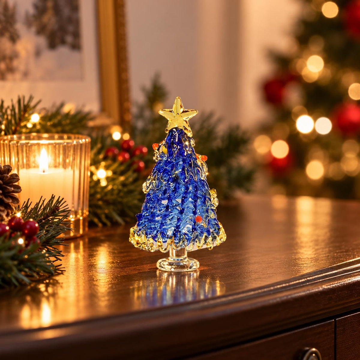 May include: A small, conical glass Christmas tree figurine in a deep blue hue, featuring a clear glass base and a yellow star topper. The surface of the tree is textured with small, colorful glass accents resembling ornaments, all crafted from translucent glass.