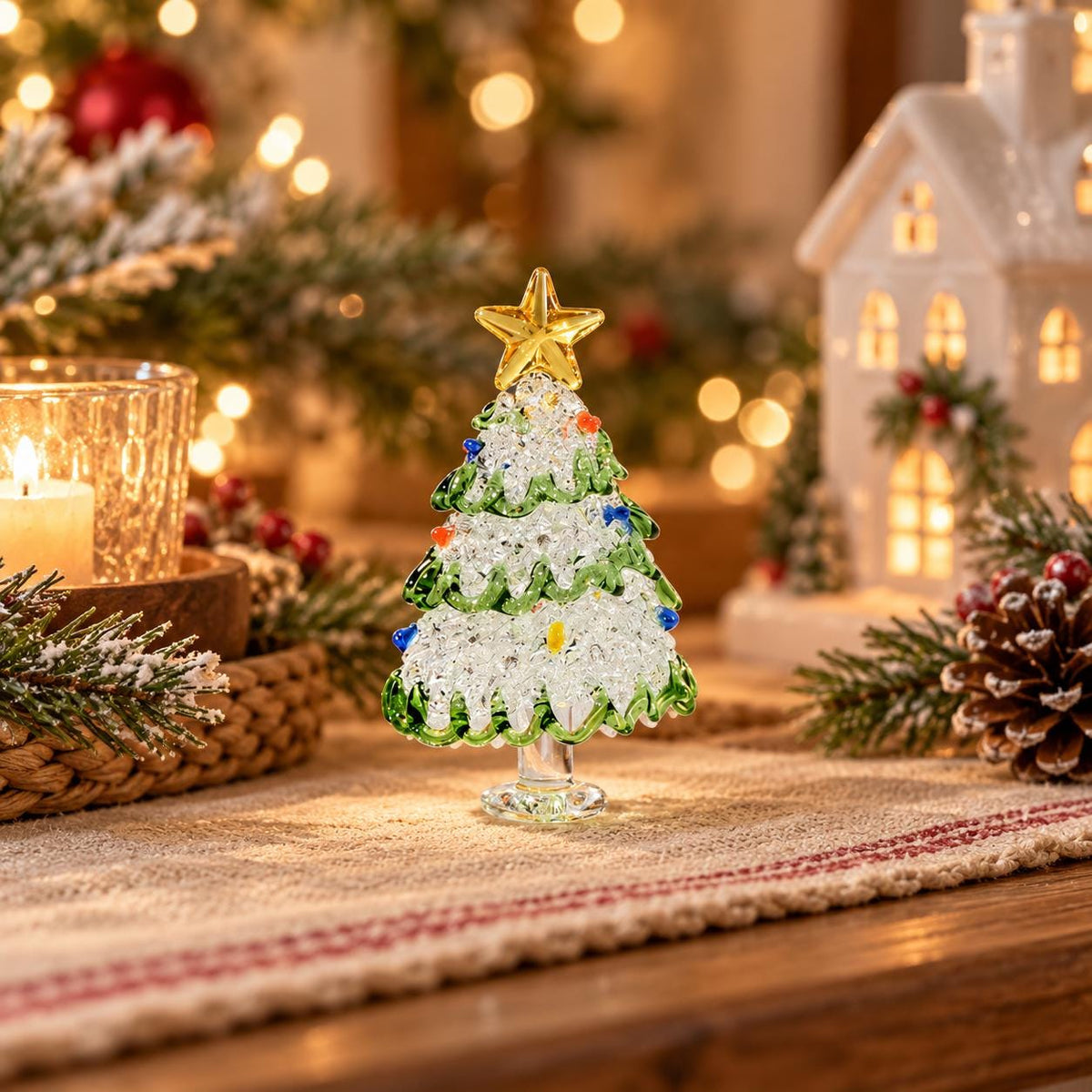 May include: A clear glass Christmas tree figurine featuring green glass trim, small colorful glass accents, and a gold-toned star topper. The tree has a textured, bubbly appearance and stands on a small, clear glass pedestal base.