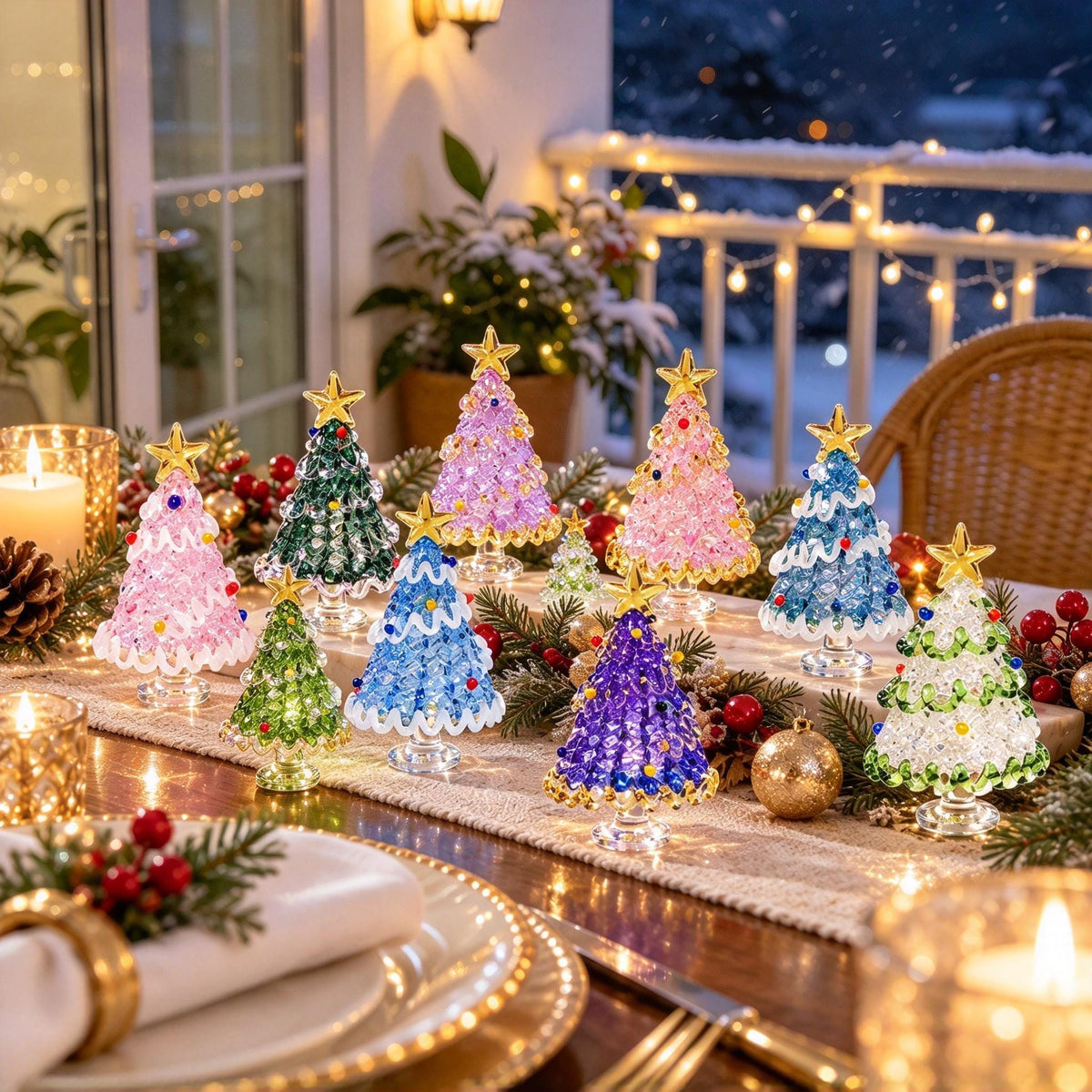 May include: A collection of small, decorative glass Christmas trees in various colors including pink, green, blue, and purple, each topped with a gold star. The trees are arranged on a table with greenery, candles, and gold ornaments.