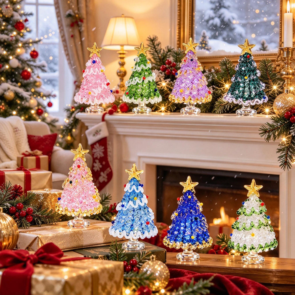 May include: A collection of eight miniature glass Christmas trees in various colors including pink, green, purple, blue, and white. Each tree features a textured, crystalline surface, a clear glass base, and a gold star topper.