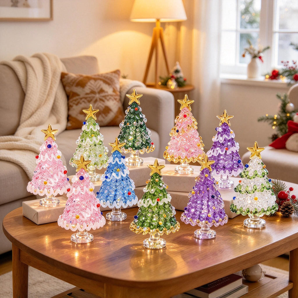 May include: A collection of ten miniature Christmas tree ornaments made of translucent, faceted beads in various colors including pink, blue, green, and purple. Each tree features a gold star topper and a clear, circular pedestal base.
