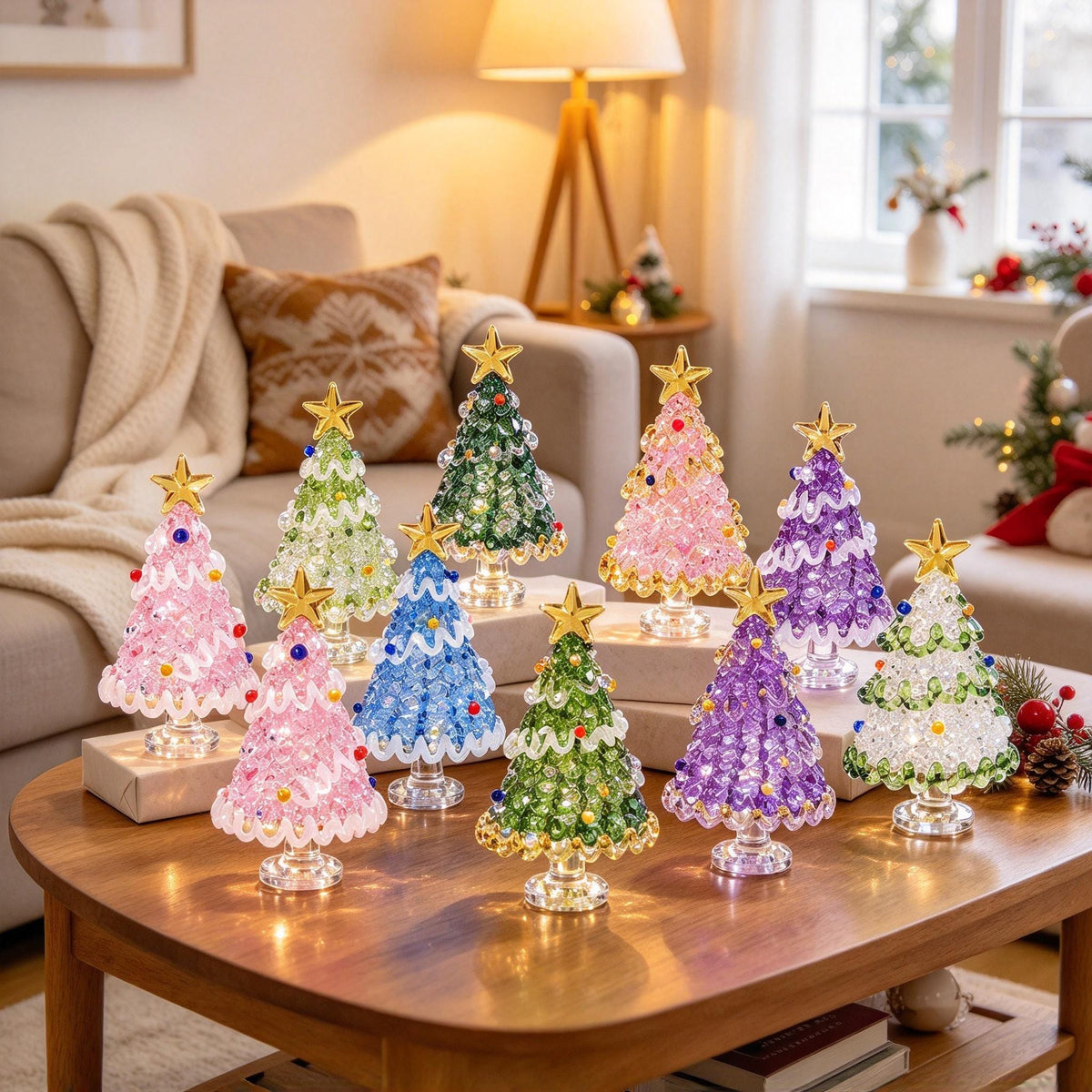 May include: A collection of ten miniature Christmas tree ornaments made of translucent, faceted beads in various colors including pink, blue, green, and purple. Each tree features a gold star topper and a clear, circular pedestal base.