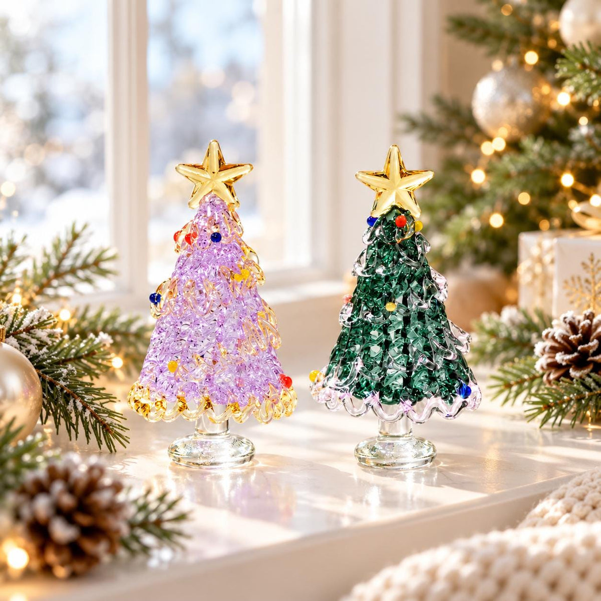 May include: Two glass Christmas tree figurines, one in lavender and one in emerald green, each featuring a textured, crystalline surface, small colorful glass bead ornaments, and a polished gold-tone star topper mounted on a clear glass pedestal base.