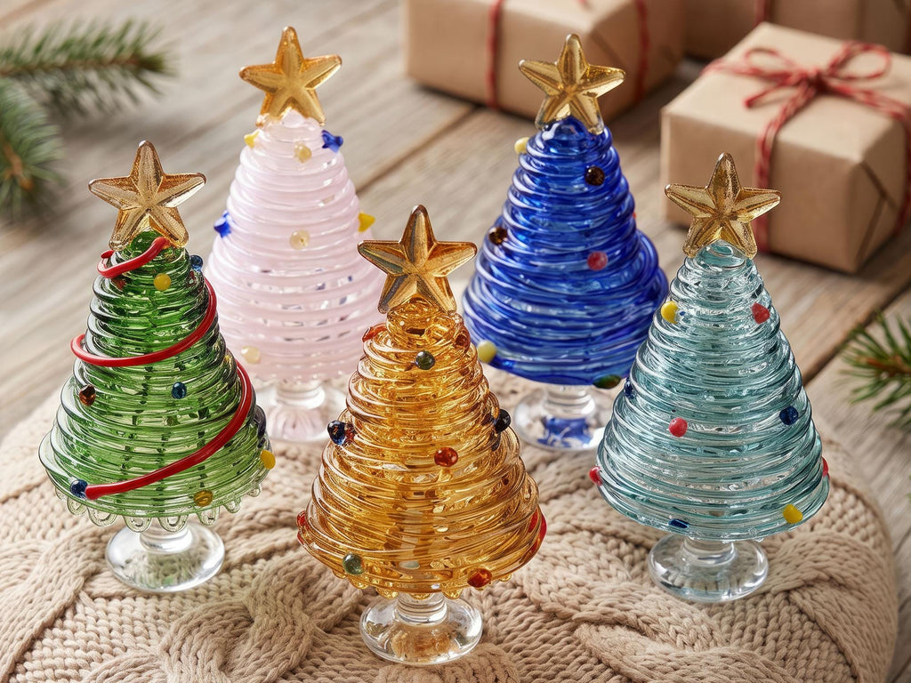 May include: Five conical glass Christmas tree ornaments in green, pink, amber, blue, and light blue. Each tree features a coiled glass design, small colorful glass bead accents, a clear glass pedestal base, and a gold-toned star topper.