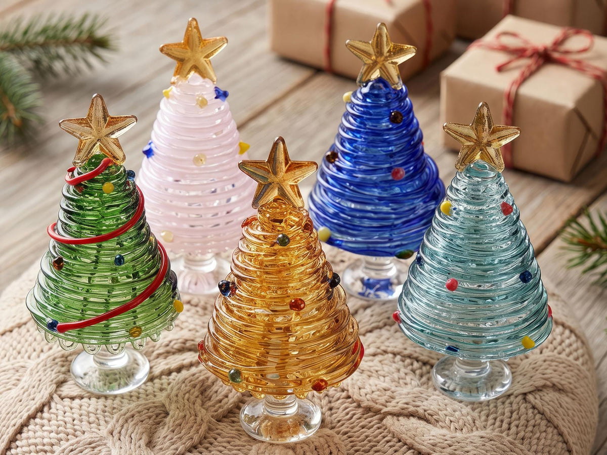 May include: Five conical glass Christmas tree ornaments in green, pink, amber, blue, and light blue. Each tree features a coiled glass design, small colorful glass bead accents, a clear glass pedestal base, and a gold-toned star topper.