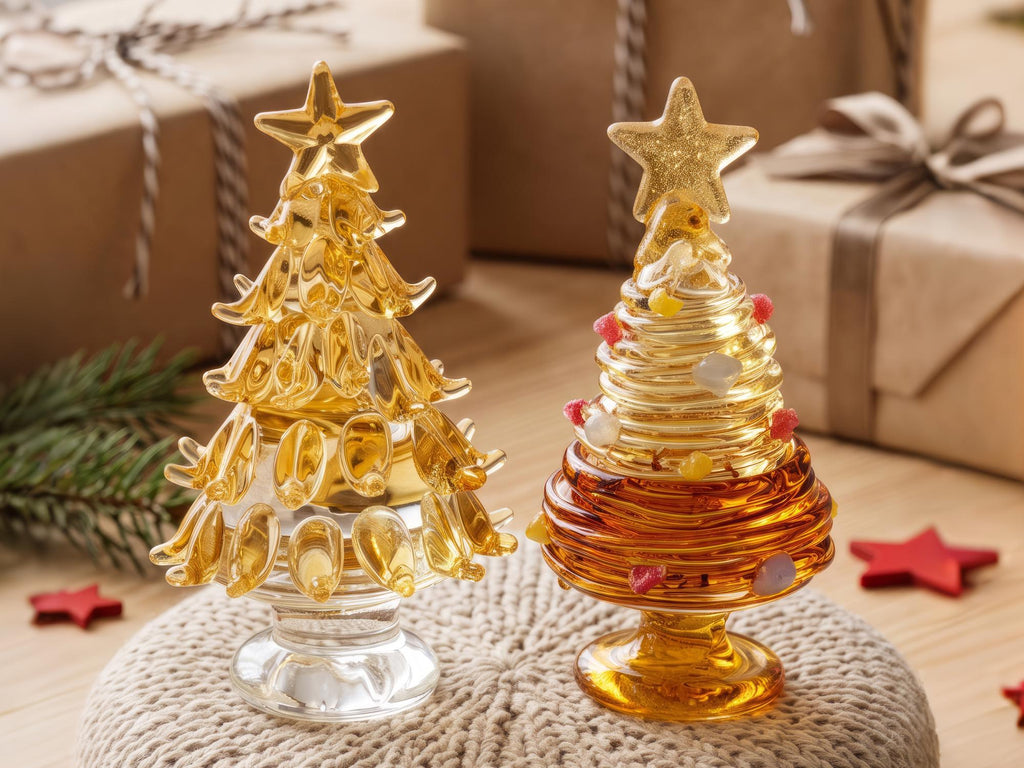 May include: Two decorative glass Christmas tree figurines standing on a textured base. The left tree is clear yellow glass with layered branches and a star topper. The right tree is amber glass with a spiral design, colorful glass beads, and a star.