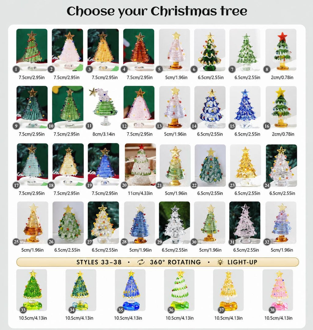 May include: A collection of thirty-eight miniature glass Christmas tree figurines in various colors and designs, each topped with a star. The display includes numbered items with labeled heights ranging from 0.78 inches to 4.33 inches, featuring rotating and light-up options.