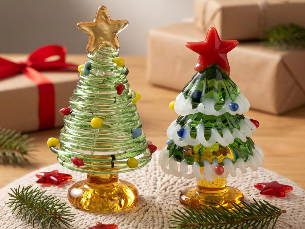May include: Two glass Christmas tree figurines on a textured mat. The left tree is light green with a coiled design, yellow, blue, and red glass ornaments, and a gold star topper. The right tree is dark green with white swirls and a red star.