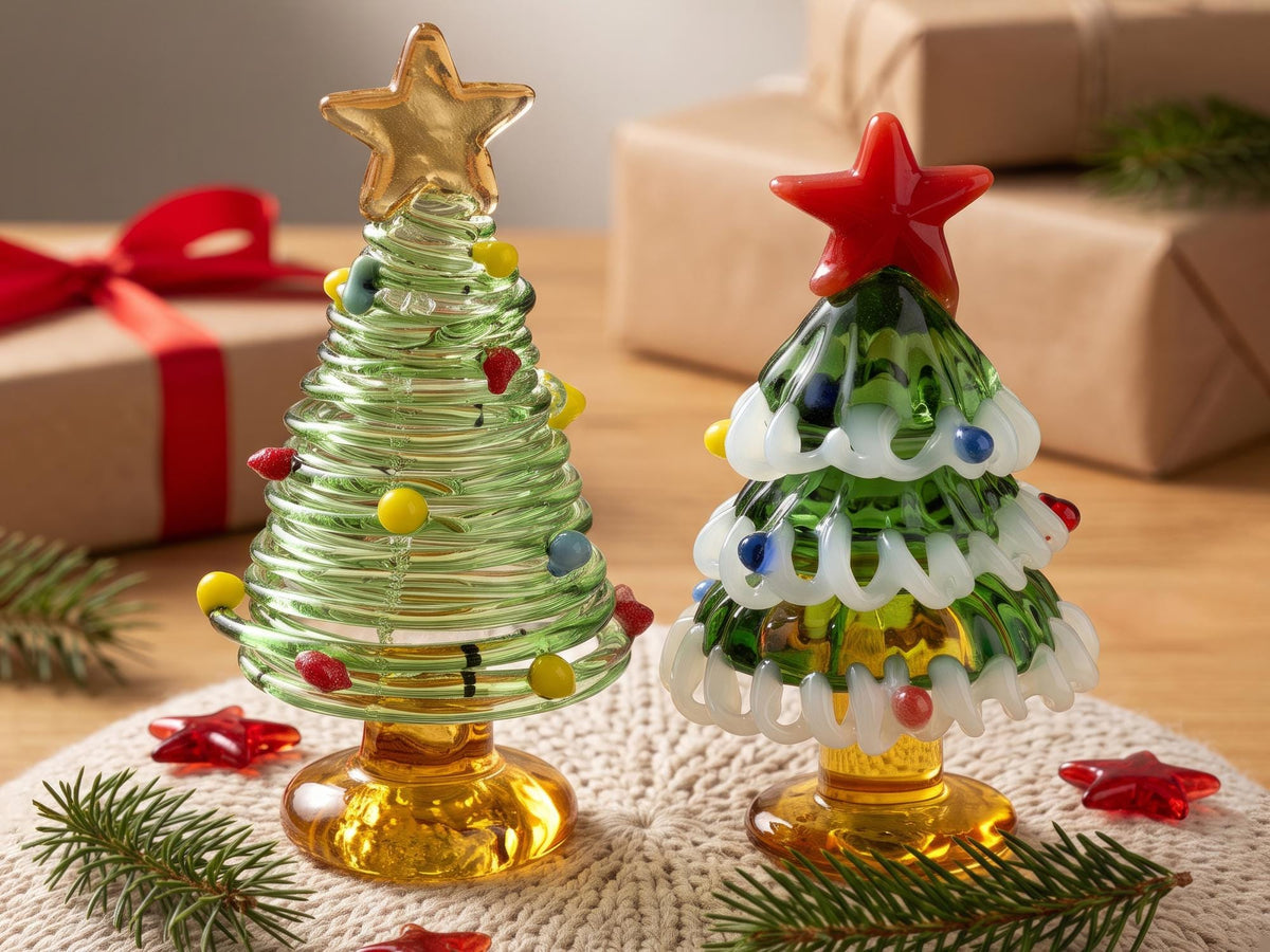 May include: Two glass Christmas tree figurines on a textured mat. The left tree is light green with a coiled design, yellow, blue, and red glass ornaments, and a gold star topper. The right tree is dark green with white swirls and a red star.