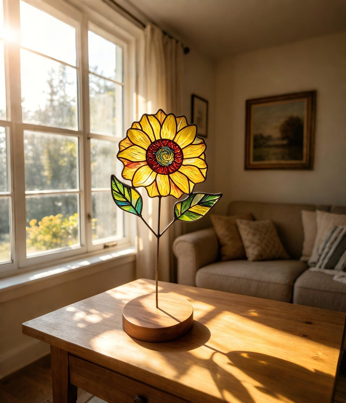 May include: A stained glass sunflower sculpture with yellow petals, a red and green center, and green leaves. The flower is mounted on a metal stem and a wooden base. The sculpture is displayed on a wooden table in a well-lit room.