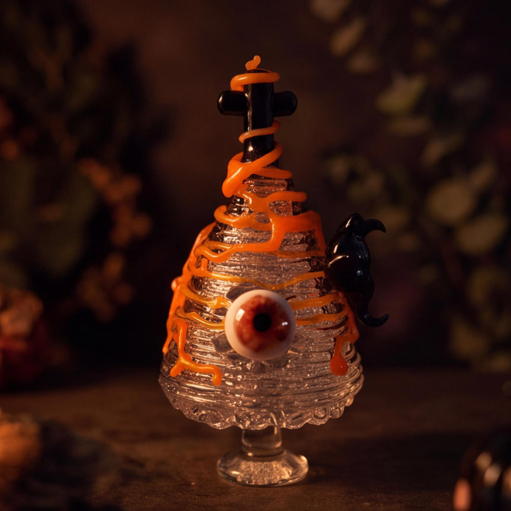 May include: A clear glass pedestal dish with a ribbed texture, topped with a black cross finial. The dish is decorated with orange glass drips, a single realistic human-like eyeball in the center, and a small black bird figure on the side.