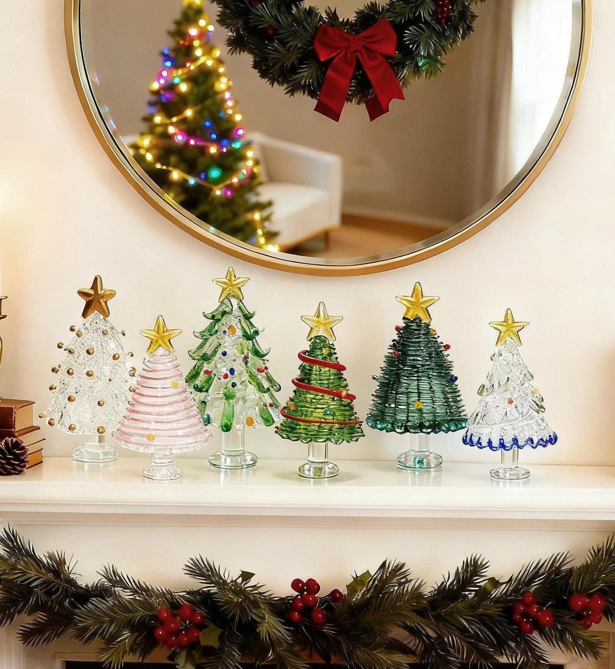 May include: A collection of six decorative glass Christmas tree figurines, each topped with a gold star. The trees feature various designs, including clear glass with gold dots, pink horizontal stripes, green branches, and blue trim accents.