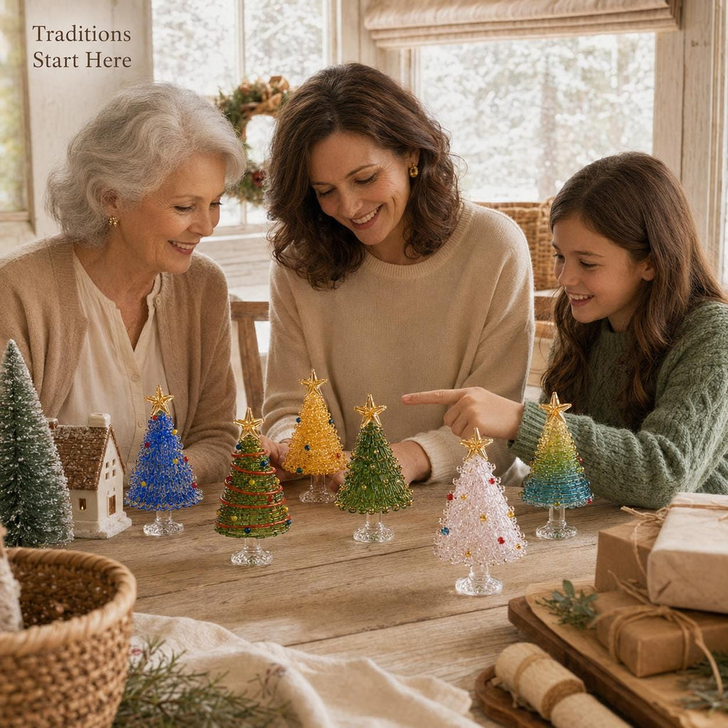 May include: A collection of six miniature decorative Christmas trees made of colorful glass beads, each topped with a gold star. The trees feature various colors including blue, green, yellow, and pink, arranged on a wooden table surface.