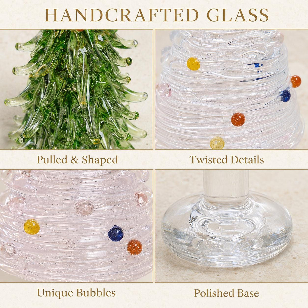 May include: Handcrafted glass ornaments featuring a green tree with pulled glass needles, a clear glass tree with twisted details, embedded bubbles, and small colorful glass spheres. The set includes a clear, circular, polished glass base.