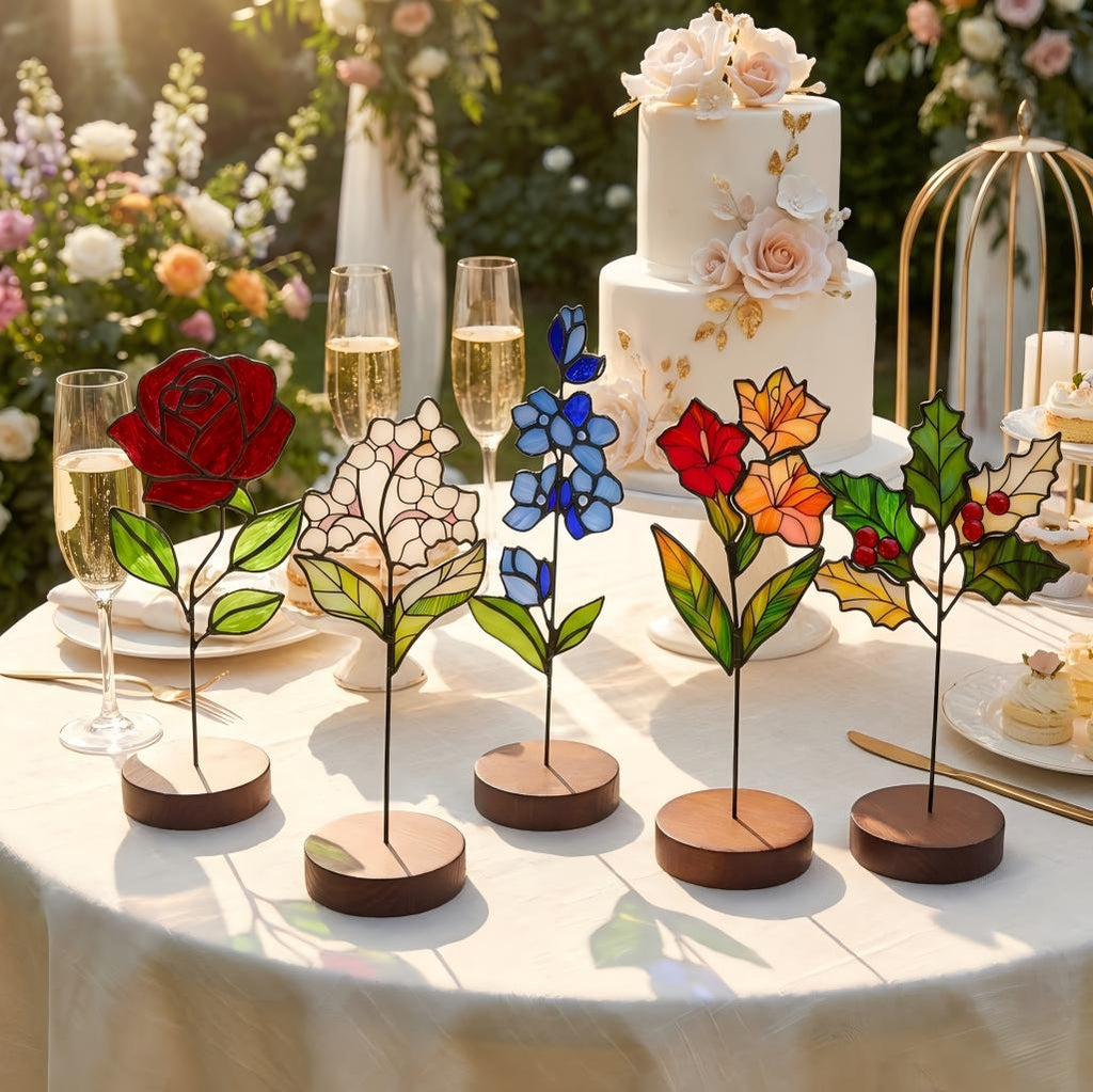 May include: Five stained glass flower sculptures on round wooden bases, including a red rose, white hydrangea, blue delphinium, orange and red lilies, and green holly with red berries, arranged on a white tablecloth with champagne flutes.
