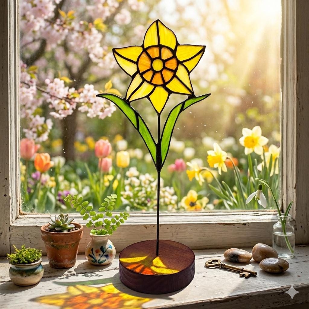 May include: A stained glass daffodil flower ornament with bright yellow petals and a green stem, mounted on a circular dark wood base. The glass piece features a central orange-yellow circular detail and is positioned on a window sill.