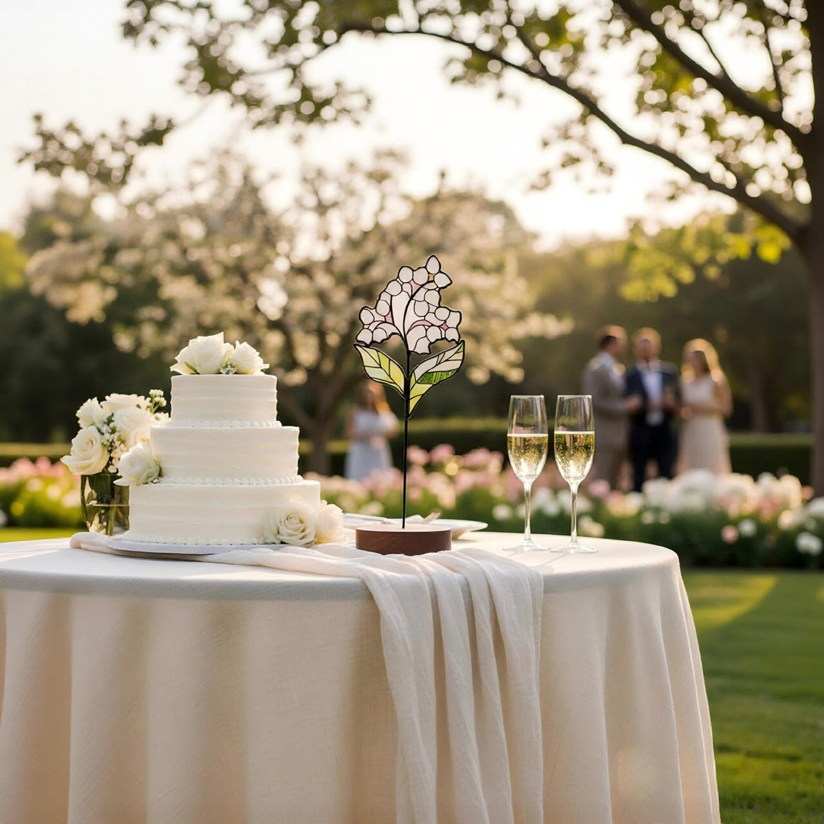 May include: A three-tiered white wedding cake sits on a round table next to a stained glass flower ornament on a wooden base. Two champagne flutes filled with a golden liquid are placed beside the cake, which is decorated with white roses.