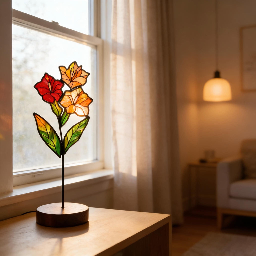 May include: A stained glass flower sculpture featuring three blossoms in shades of red, orange, and yellow, with green leaves. The piece is supported by a thin black metal stem attached to a circular wooden base, positioned near a window.