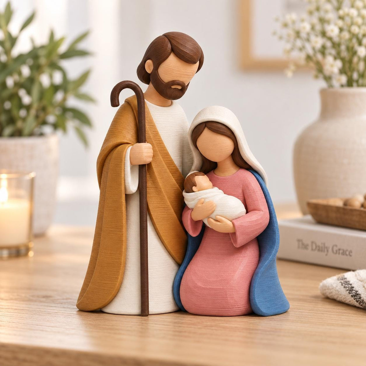 May include: A stylized nativity figurine set featuring a standing figure with a brown beard and staff, and a kneeling figure holding a swaddled infant. The figures have smooth, faceless heads and textured clothing in shades of white, tan, pink, and blue.