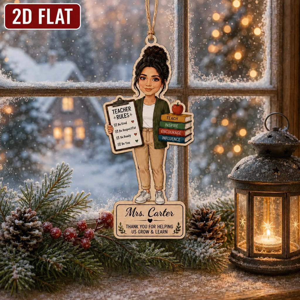 Personalized Teacher Wooden Ornament, Custom Name Teacher Christmas Gift, 2D Flat School Ornament, Thank You Teacher Keepsake 	COBILUMIE101